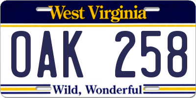 WV license plate OAK258