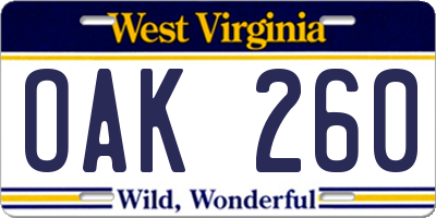 WV license plate OAK260
