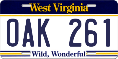 WV license plate OAK261