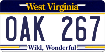 WV license plate OAK267