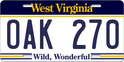 WV license plate OAK270