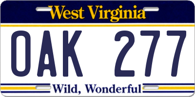 WV license plate OAK277