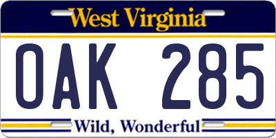 WV license plate OAK285