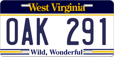 WV license plate OAK291