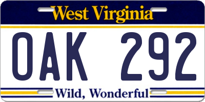 WV license plate OAK292