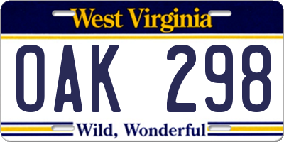 WV license plate OAK298