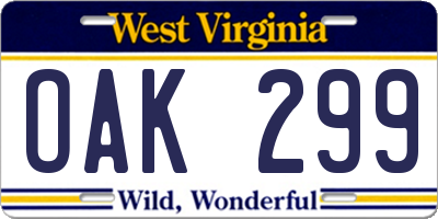 WV license plate OAK299