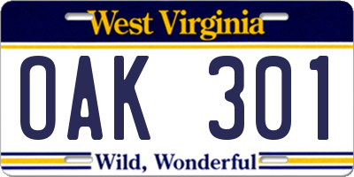 WV license plate OAK301