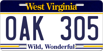 WV license plate OAK305
