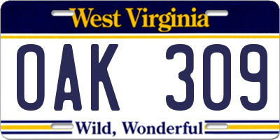 WV license plate OAK309