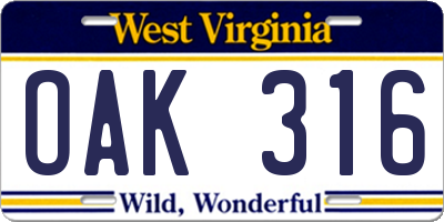 WV license plate OAK316
