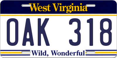 WV license plate OAK318