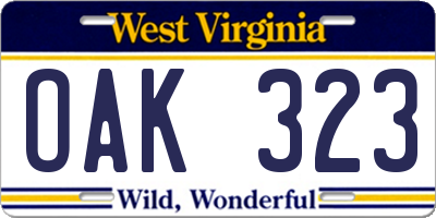 WV license plate OAK323