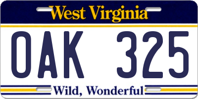 WV license plate OAK325