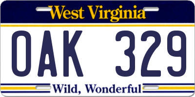 WV license plate OAK329