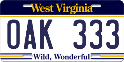 WV license plate OAK333