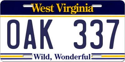 WV license plate OAK337