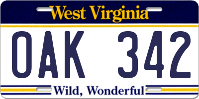 WV license plate OAK342