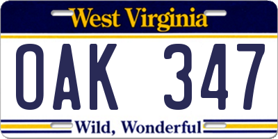 WV license plate OAK347