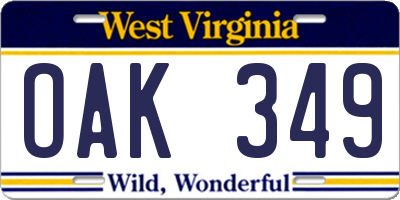 WV license plate OAK349