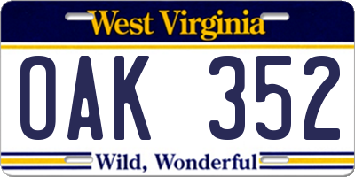 WV license plate OAK352