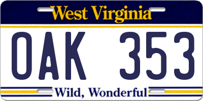 WV license plate OAK353