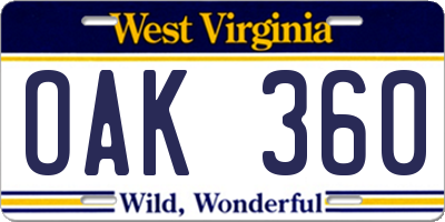 WV license plate OAK360