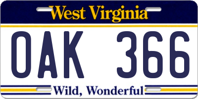 WV license plate OAK366
