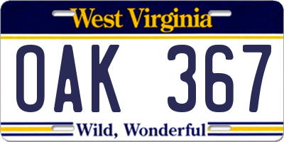 WV license plate OAK367