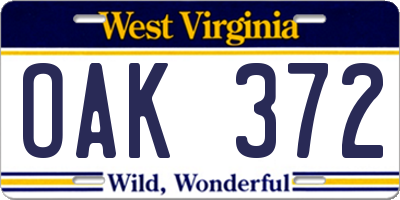 WV license plate OAK372