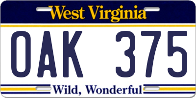 WV license plate OAK375
