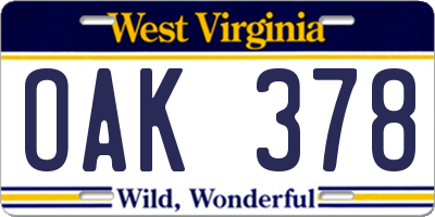 WV license plate OAK378
