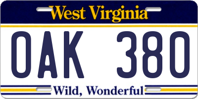WV license plate OAK380