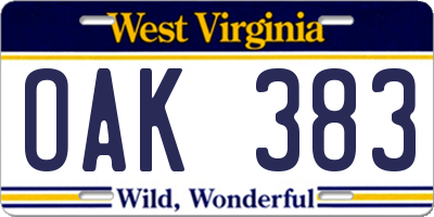 WV license plate OAK383