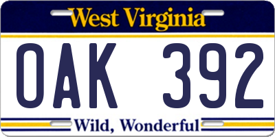 WV license plate OAK392