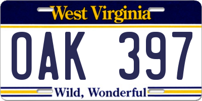 WV license plate OAK397