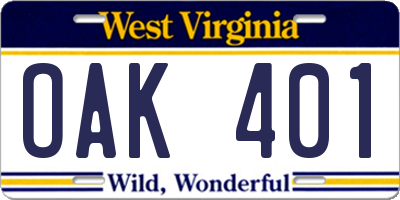 WV license plate OAK401