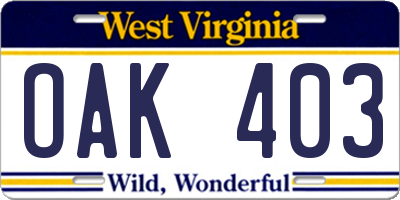 WV license plate OAK403