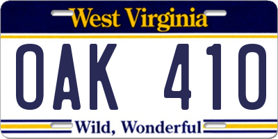 WV license plate OAK410