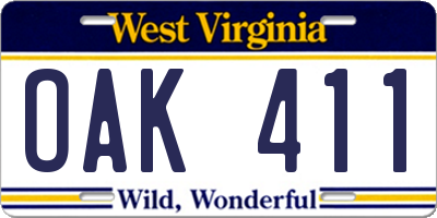 WV license plate OAK411