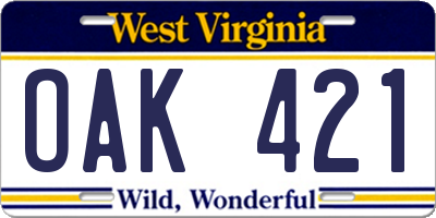WV license plate OAK421