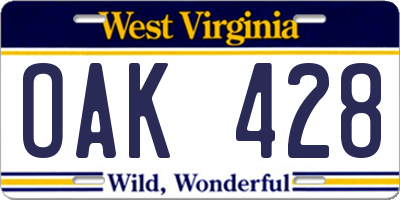 WV license plate OAK428