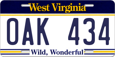 WV license plate OAK434