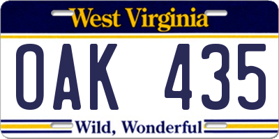 WV license plate OAK435