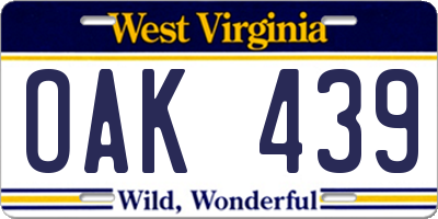 WV license plate OAK439