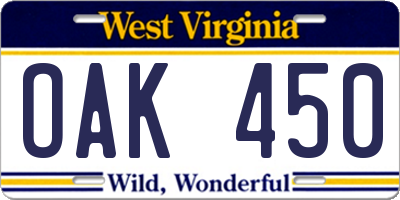 WV license plate OAK450