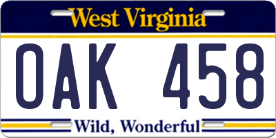 WV license plate OAK458