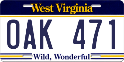 WV license plate OAK471