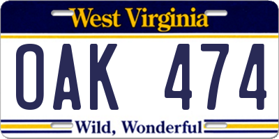 WV license plate OAK474