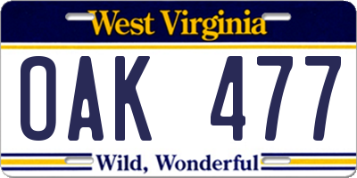 WV license plate OAK477